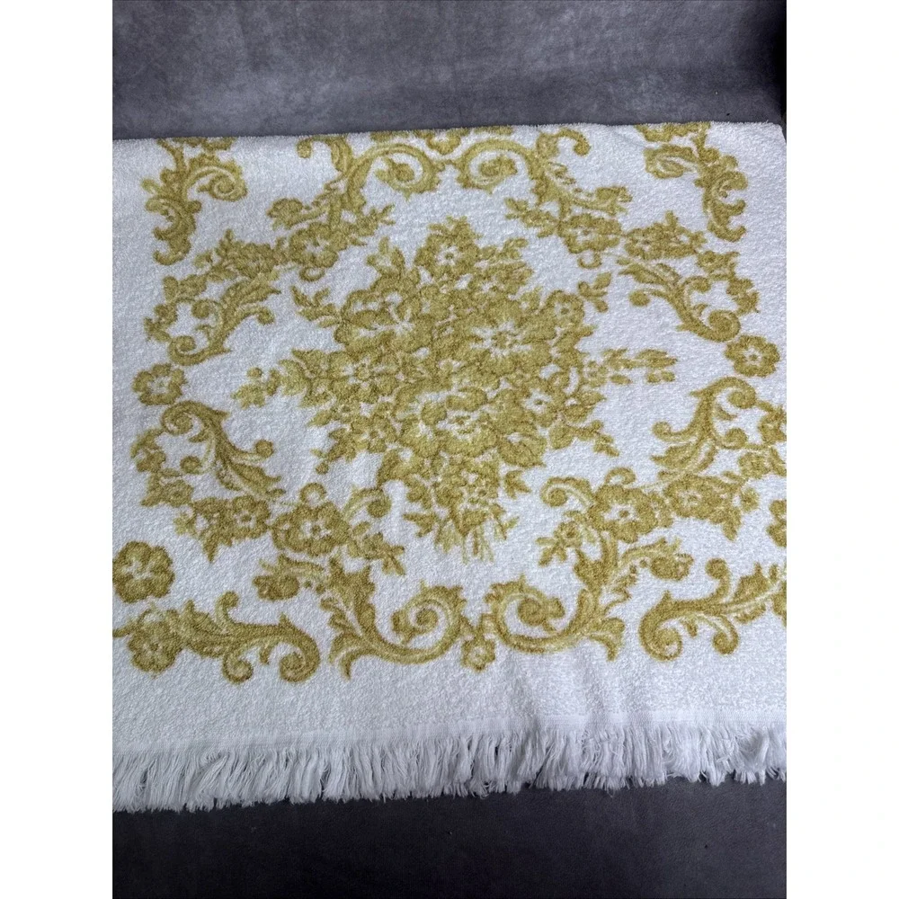 Cannon VTG Floral Fold‎ & White Fringe Towel Set Hand Bath USA Cotton